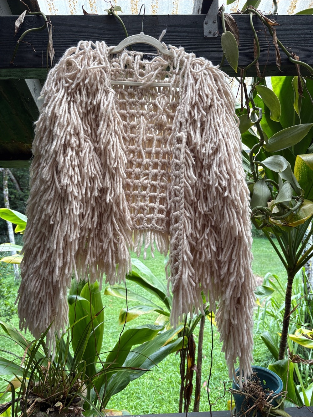Nasty Gal Cream Chunky Fringe Open-Front Crochet Cardigan